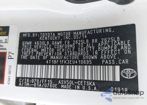 2014 Toyota Camry Se from USA, damaged, VIN 4T1BF1FK3EU410695